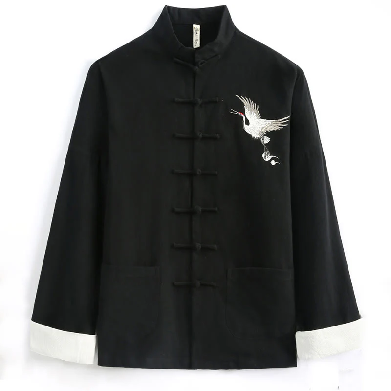 Buddha Stones Chinese New Year Crane Embroidery Tang Suit Hanfu Long Sleeve Top Pants Clothing Cotton Linen Men's Set With Pockets