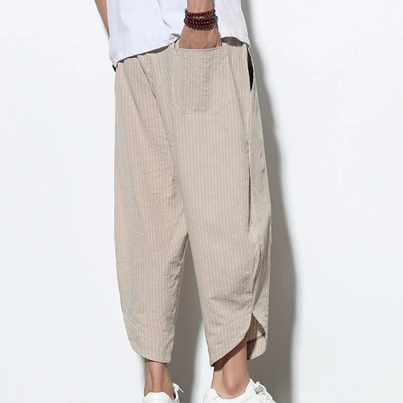 Buddha Stones Summer Stripes Pattern Drawstring Cotton Linen Men's 7-8 Length Harem Pants With Pockets