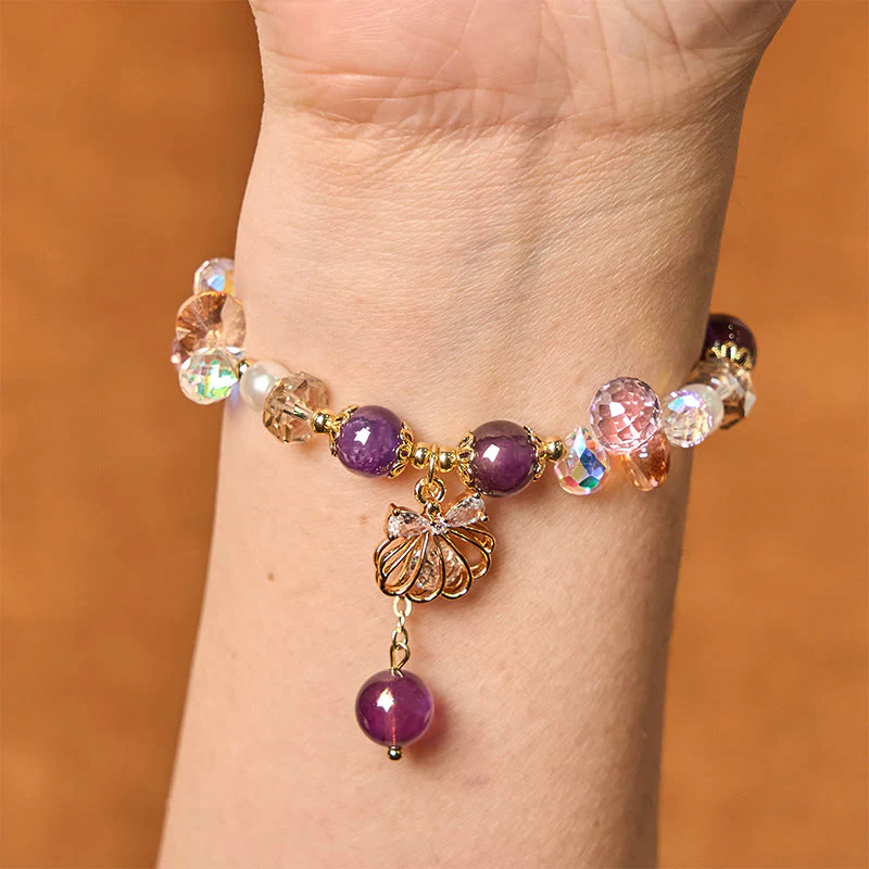 Buddha Stones Natural Amethyst Citrine Pearl Shell Peace Bracelet