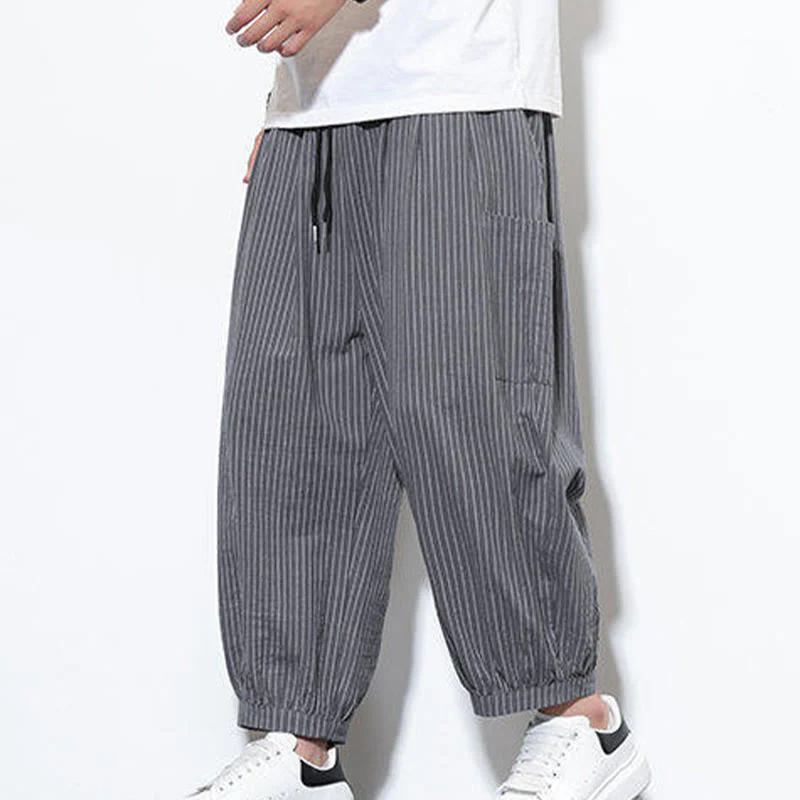 Buddha Stones Casual Striped Men's Cotton 7-8 Length Harem Pants With Pockets
