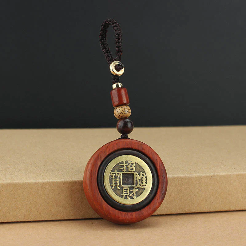 Buddha Stones Copper Coin Attract Wealth Ebony Wood Red Sandalwood Luck Key Chain Decoration