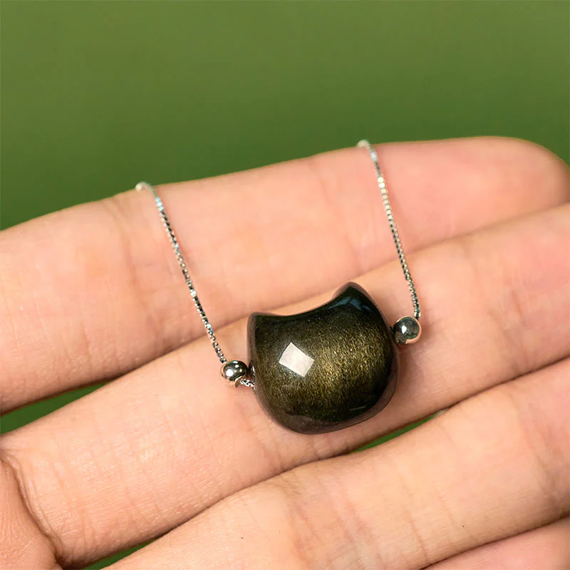 Buddha Stones 925 Sterling Silver Silver Sheen Obsidian Gold Sheen Obsidian Cat Soothing Bracelet