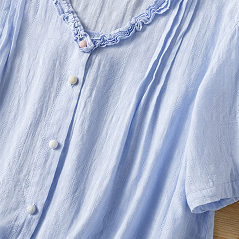 Buddha Stones Jacquard Pleated Ruffled Trim Design V-Neck Short Sleeve Women's Shirt