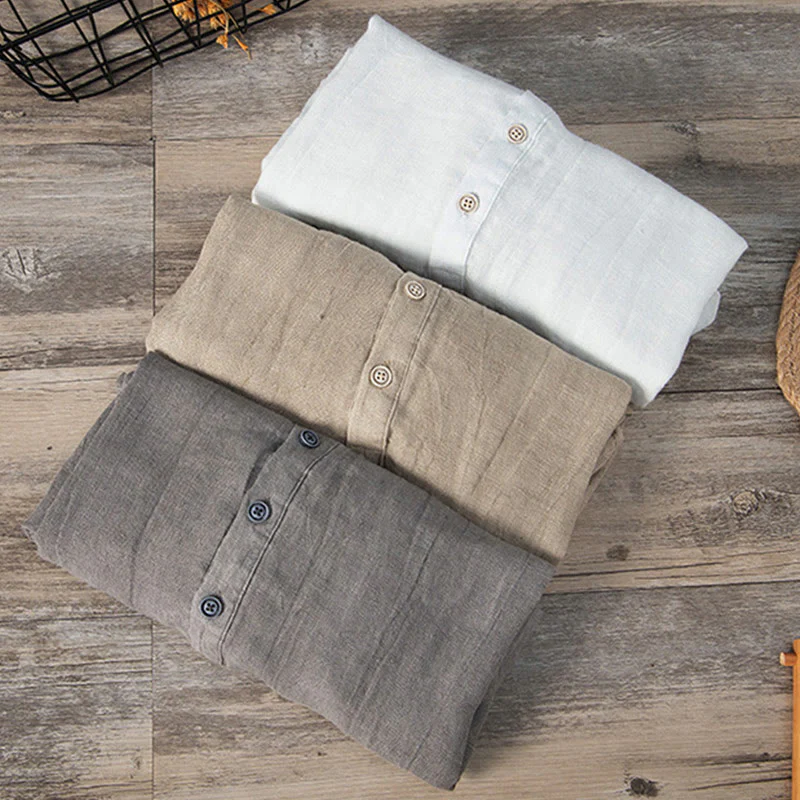 Buddha Stones Solid Color Short Sleeve Half Button Shirt Cotton Linen Men Clothing