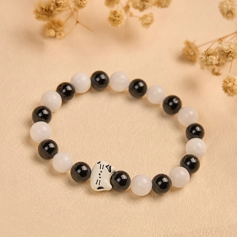 Buddha Stones Bicolor Cat Black Onyx White Chalcedony Fortune Bracelet