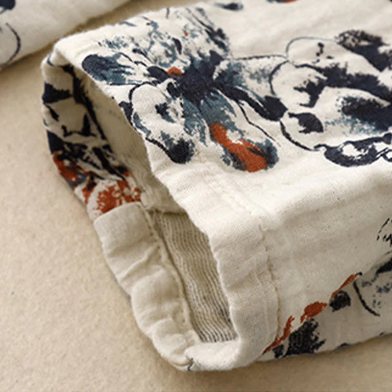 Buddha Stones Casual Small Floral Pattern Crew Neck Cotton Linen Midi Dress With Pockets