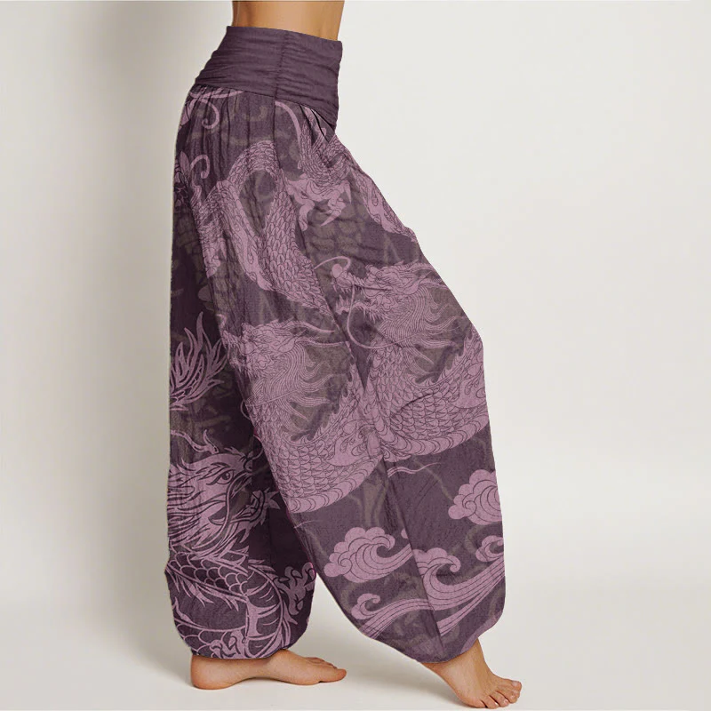 Buddha Stones Pure Cotton Dragon Auspicious Clouds Women's Elastic Waist Harem Pants