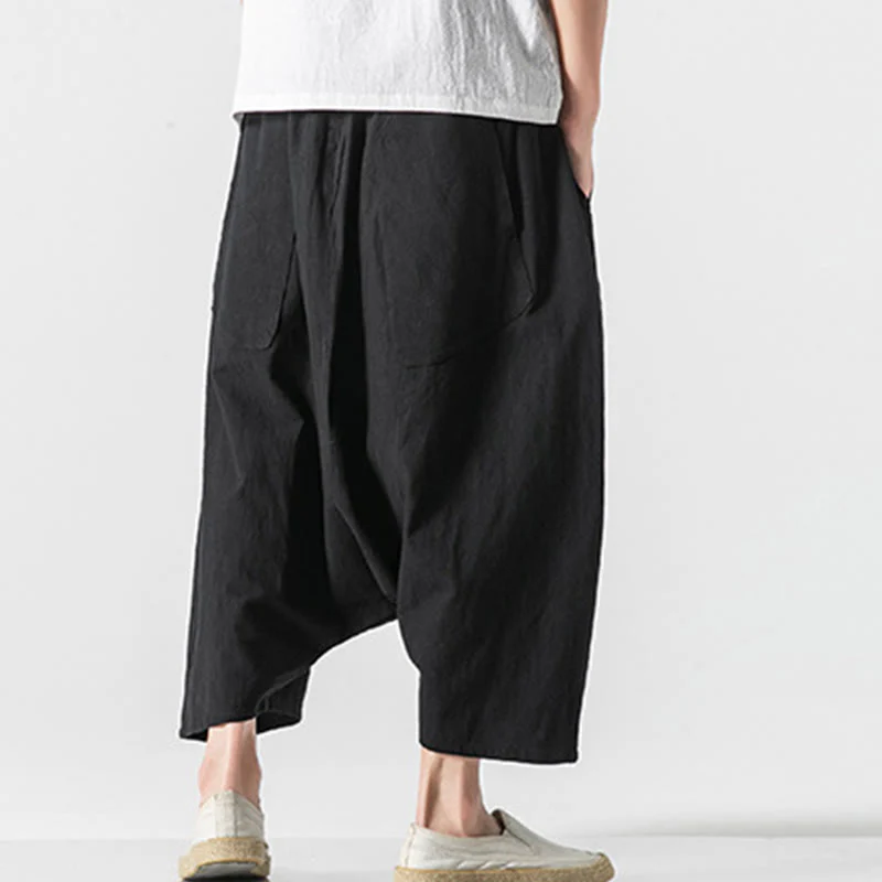 Buddha Stones Casual Low Crotch Design Drawstring Men's 7-8 Length Cotton Linen Wide Leg Pants With Pockets