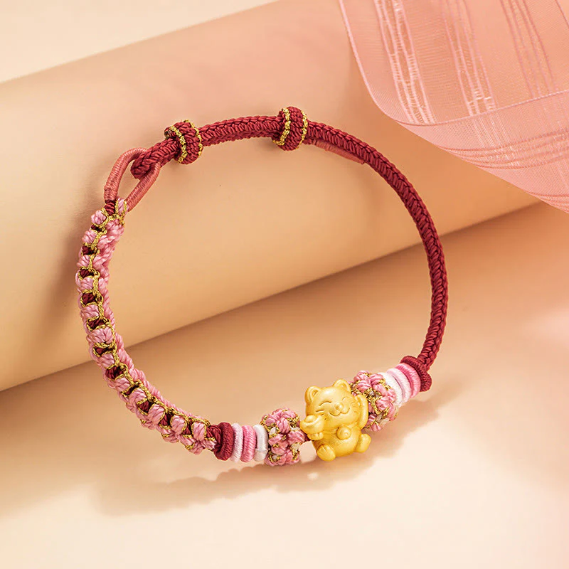 Buddha Stones Handmade 999 Sterling Silver Fortune Cat Ingot Peach Blossom Luck Red Rope Bracelet