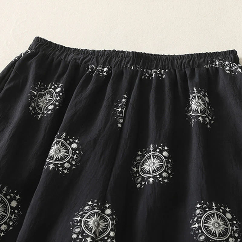 Buddha Stones Bohemian Printing Celestial Pattern Women's Wide Leg Cotton Pants With Pockets