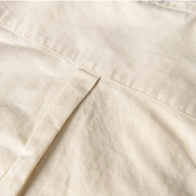 Buddha Stones Casual Daily Simple Buttons Design Stand Collar Men's Short Sleeve Cotton Linen Shirt With Front Pockets