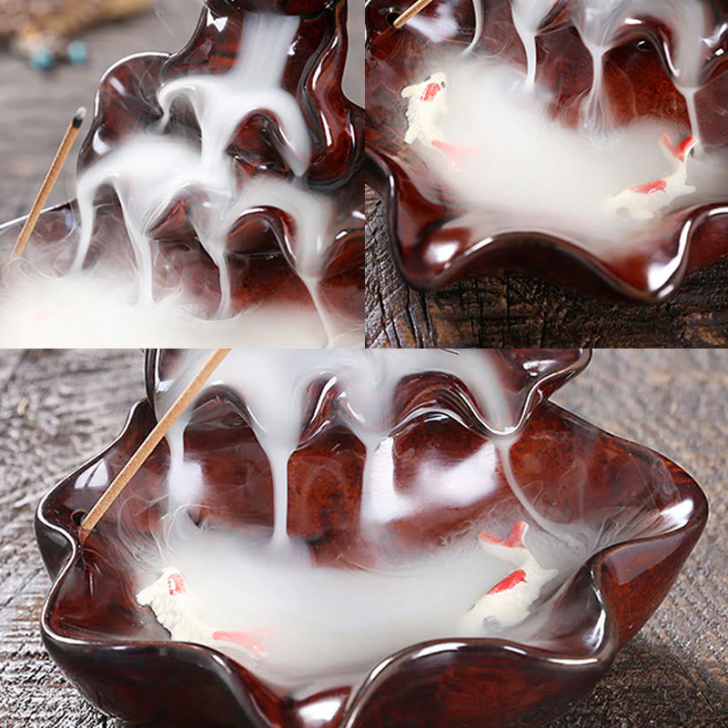 Buddha Stones Lotus Leaf Koi Fish Ceramic Backflow Smoke Fountain Peace Incense Burner Decoration