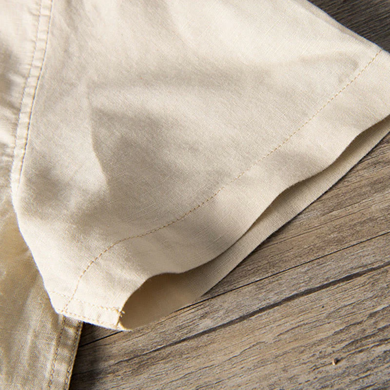 Buddha Stones Casual Daily Simple Buttons Design Stand Collar Men's Short Sleeve Cotton Linen Shirt With Front Pockets