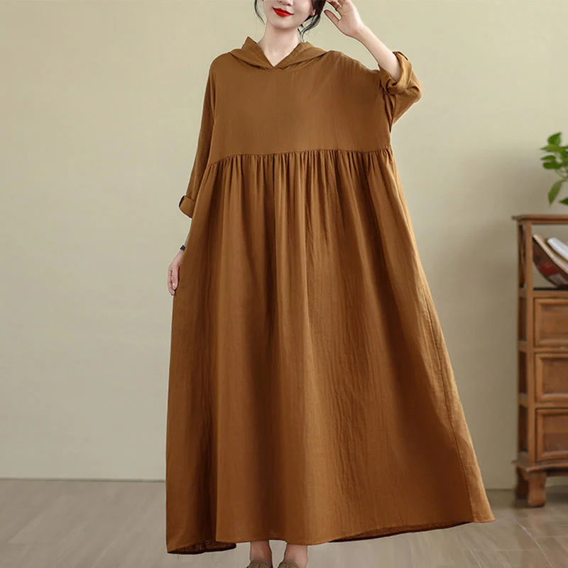 Buddha Stones Fall Hoodie Design Long Sleeve Cotton Linen Midi Dress With Pockets