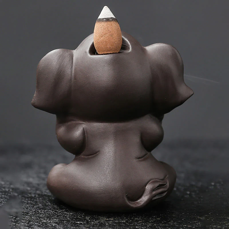 Buddha Stones Cute Elephant Purple Clay Backflow Smoke Fountain Peace Healing Incense Burner Decoration