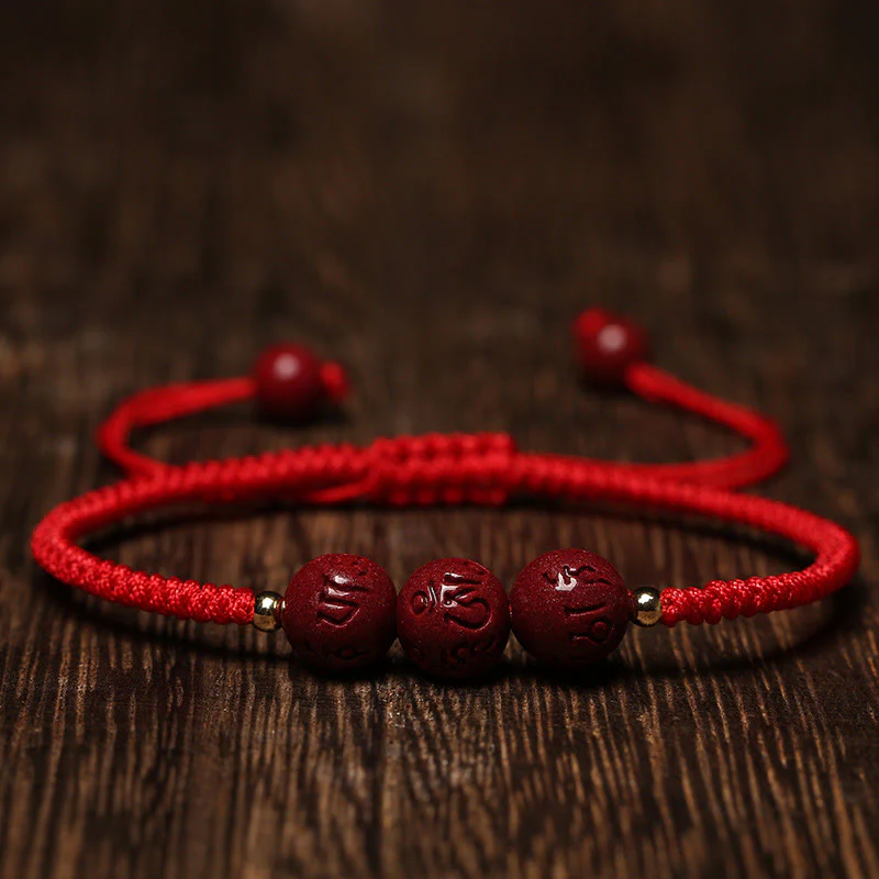 Buddha Stones Handmade Cinnabar Om Mani Padme Hum Engraved Beads Blessing Braided Bracelet