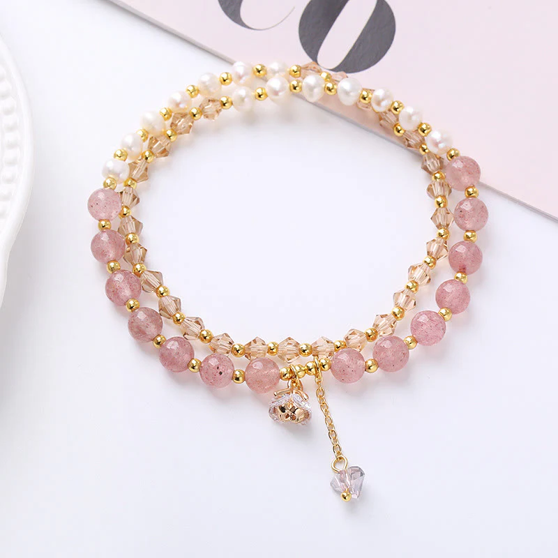 Buddha Stones Natural Amethyst Aquamarine Strawberry Quartz Pearl Peace Healing Double Wrap Bracelet