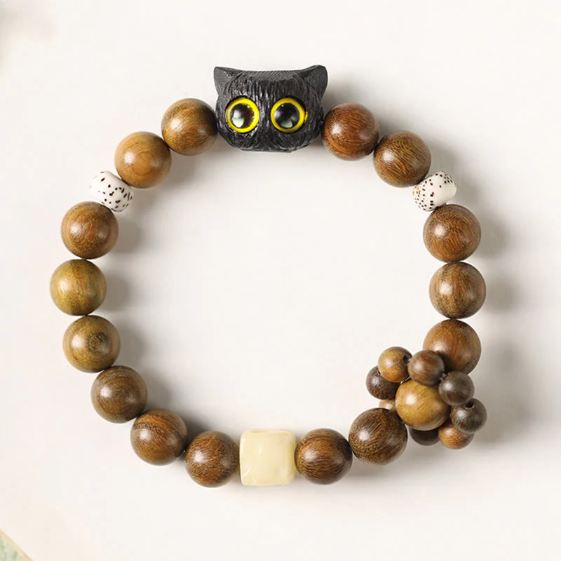 Buddha Stones Green Sandalwood Ebony Wood Cat Peace Soothing Bracelet