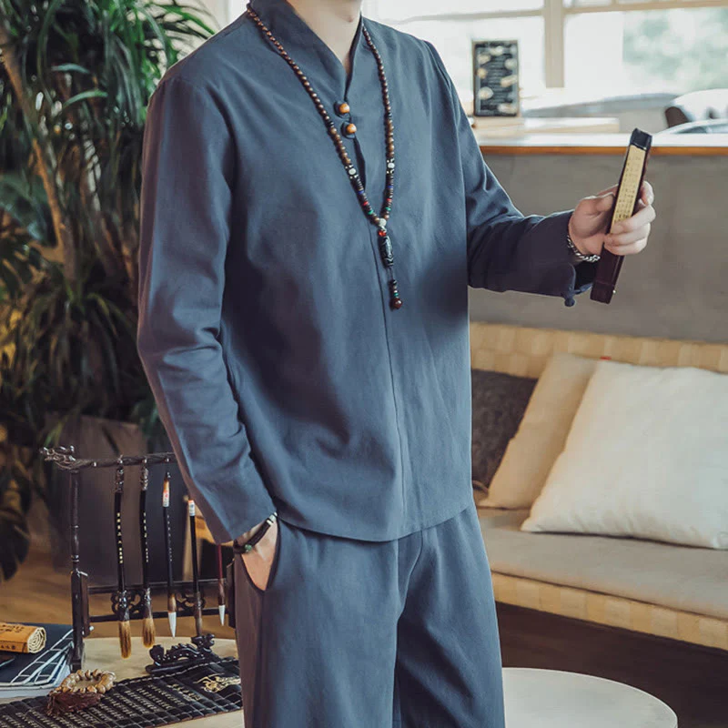 Buddha Stones 2Pcs Cotton Shirt Ankle-Length Pants With Pockets Men's Meditation Cloth Set