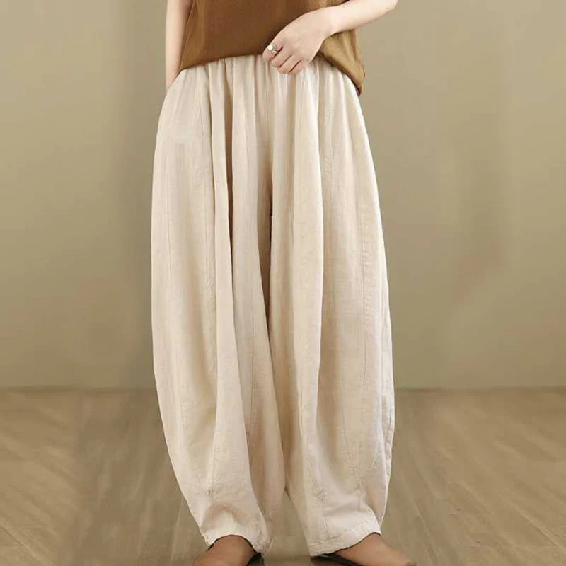 Buddha Stones Spring Casual Simple Design Women's Cotton Linen Harem Pants With Pockets