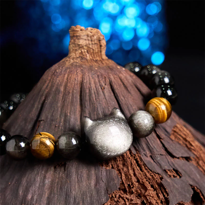 Buddha Stones Natural Silver Sheen Obsidian Beads Cute Cat Soothing Bracelet