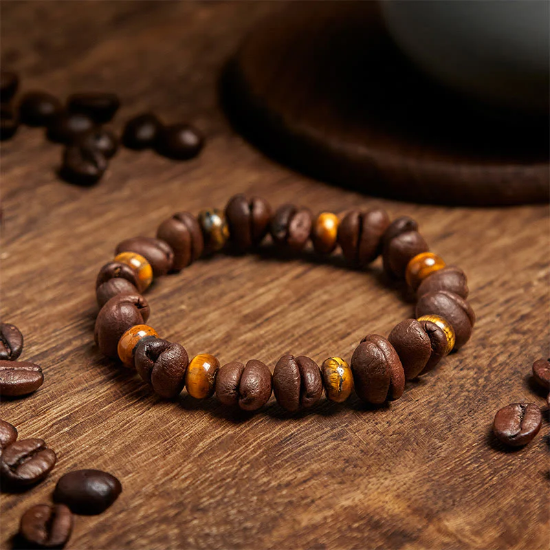 Buddha Stones Natural Coffee Beans Tiger Eye Grey Jasper Lava Rock Beads Bracelet