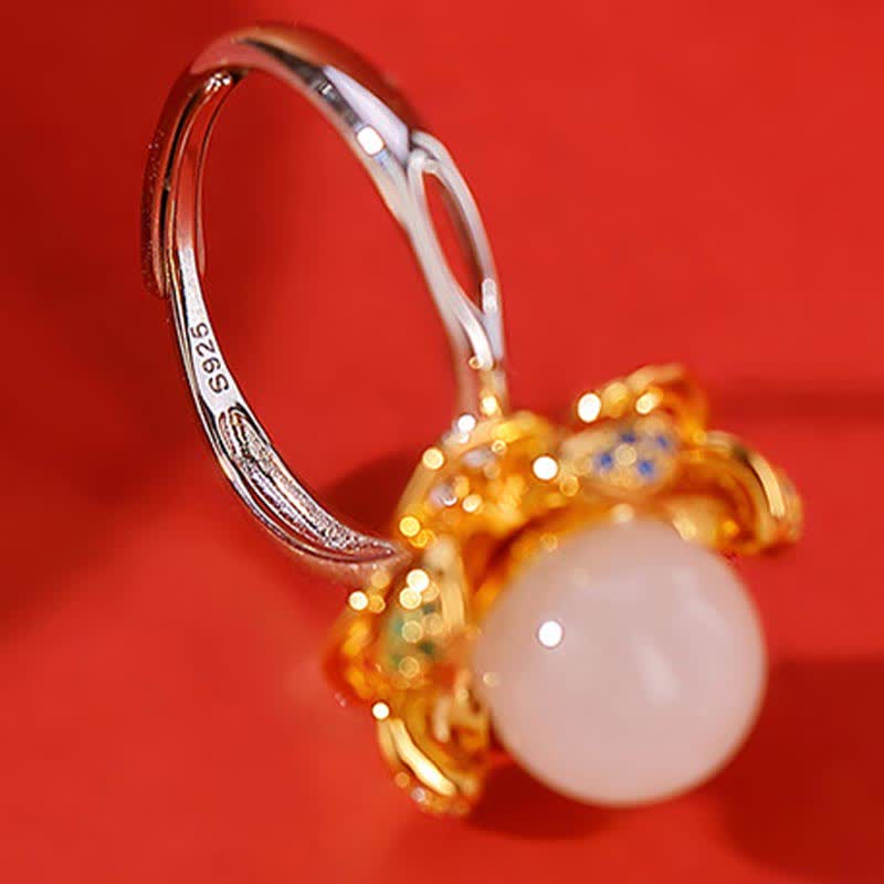 Buddha Stones 925 Sterling Silver White Jade Cyan Jade Lotus Flower Success Ring