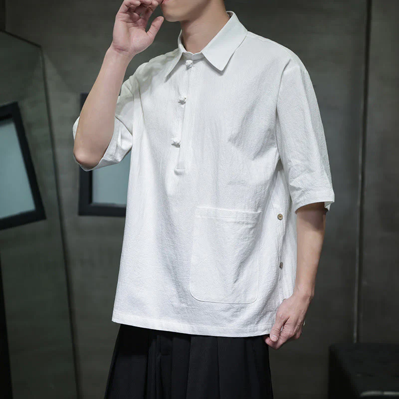Buddha Stones Commute Plain Half Buttons Design Men's Cotton Linen Shirt With Pocket