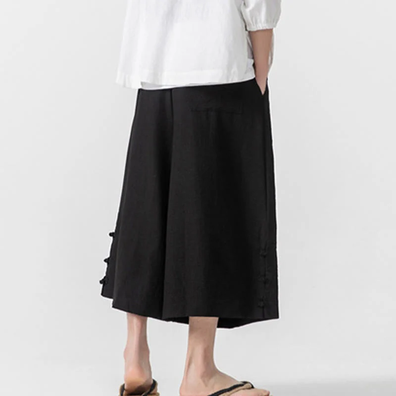 Buddha Stones Casual Loose Frog-Button Plain Men's Cotton 7-8 Length Wide Leg Pants With Pockets