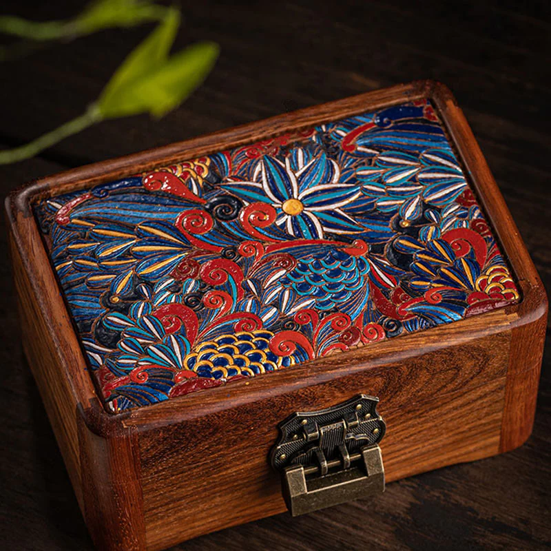 Buddha Stones Retro Handmade Floral Pattern Rosewood Jewelry Storage Box Lockable Wooden Gift Organizer Box