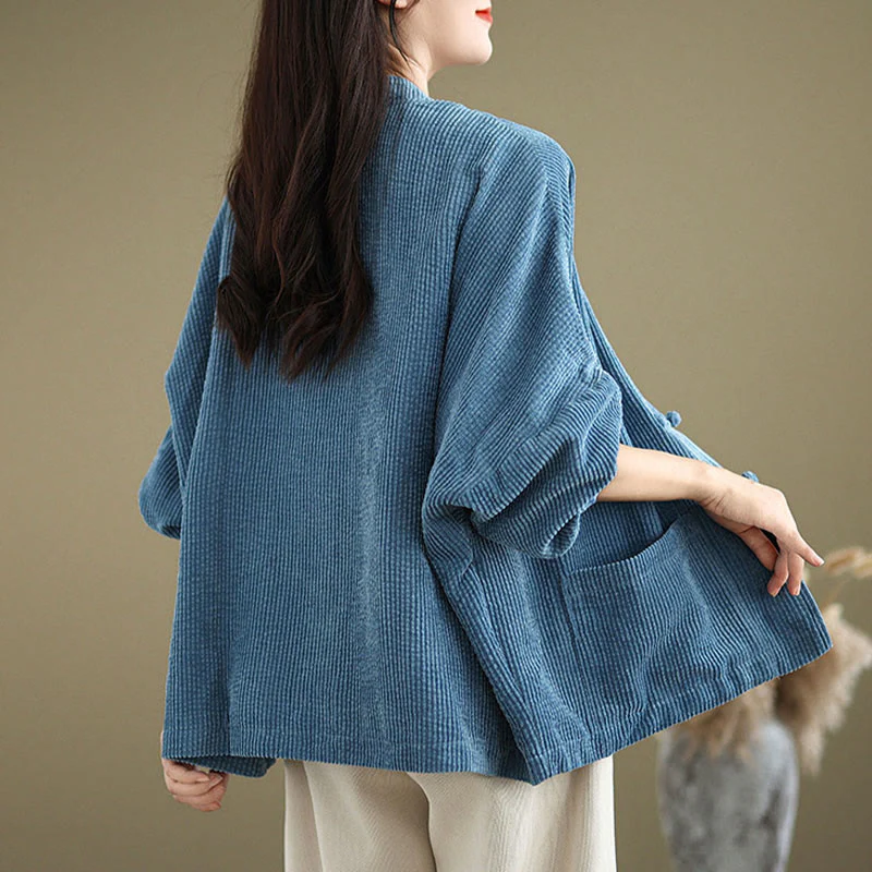 Buddha Stones Frog-button Stand Collar Women's Cotton Linen Corduroy Jacket