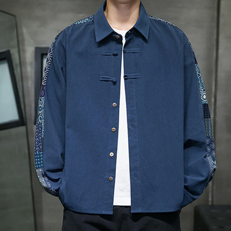 Buddha Stones Men's Flower Pattern Stitching Cotton Blend Long Sleeve Shirt