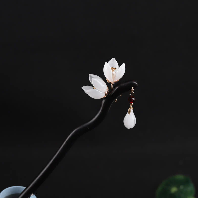 Buddha Stones Ebony Magnolia Flower Petals Blessing Hairpin