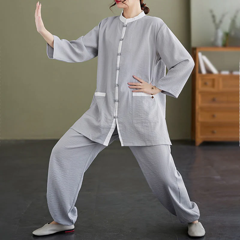 Buddha Stones 2pcs Cotton Tai Chi Shirt Top Pants Meditation Zen Clothing Women's Set