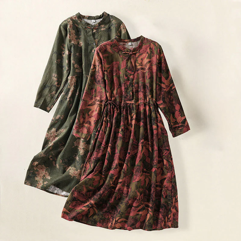 Buddha Stones Casual Printing Drawstring Chinese Frog-Button Cotton Linen Midi Dress With Pockets