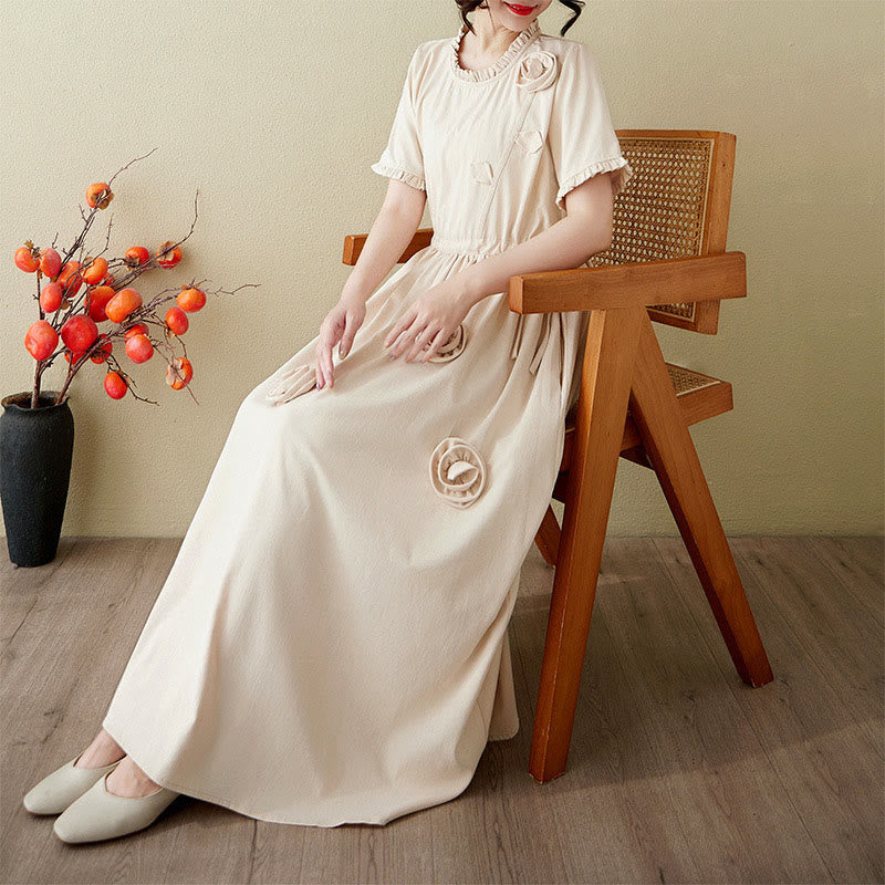 Buddha Stones Three-Dimensional Flower Design Ruffled Neck Cotton Linen Midi Dress With Pockets