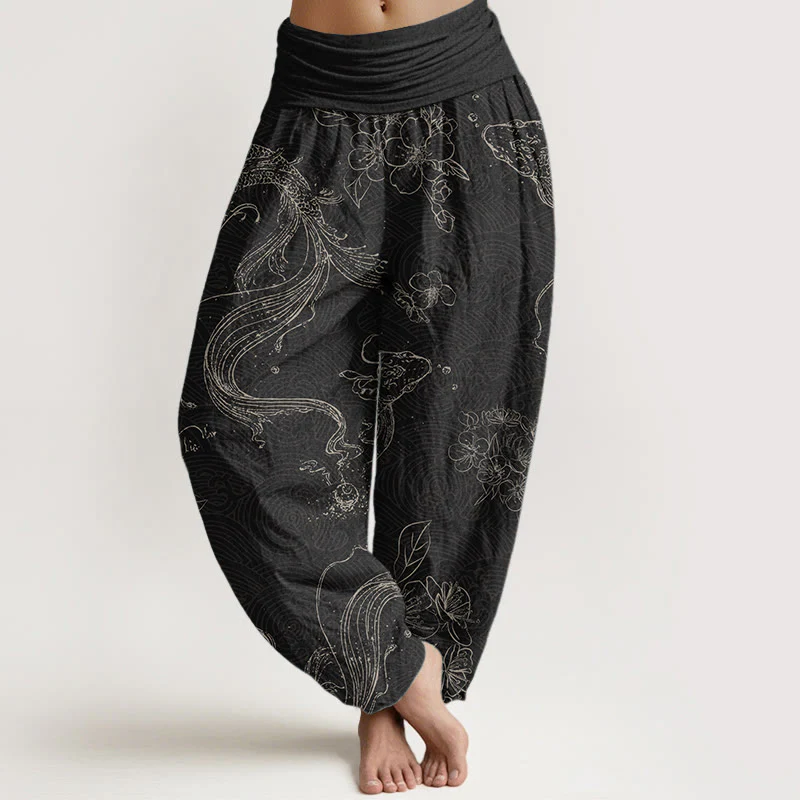 Buddha Stones Pure Cotton Koi Fish Floral Pattern Women's Elastic Waist Harem Pants