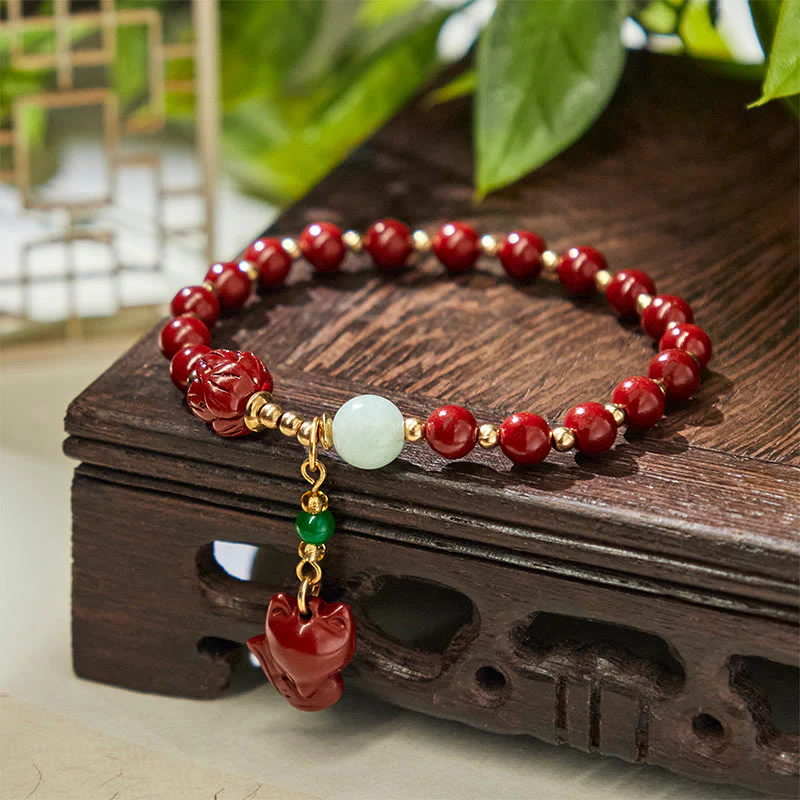 Buddha Stones Cinnabar Lotus Cute Fox Charm Blessing Bracelet