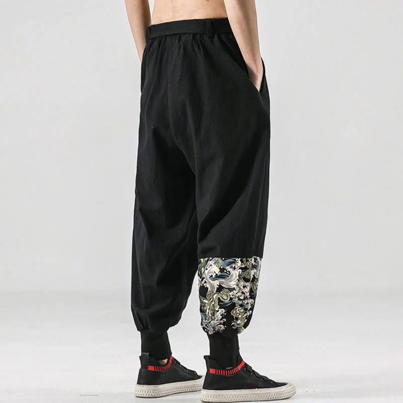 Buddha Stones Ocean Waves Lace-up Cotton Men's Harem Pants With Pockets