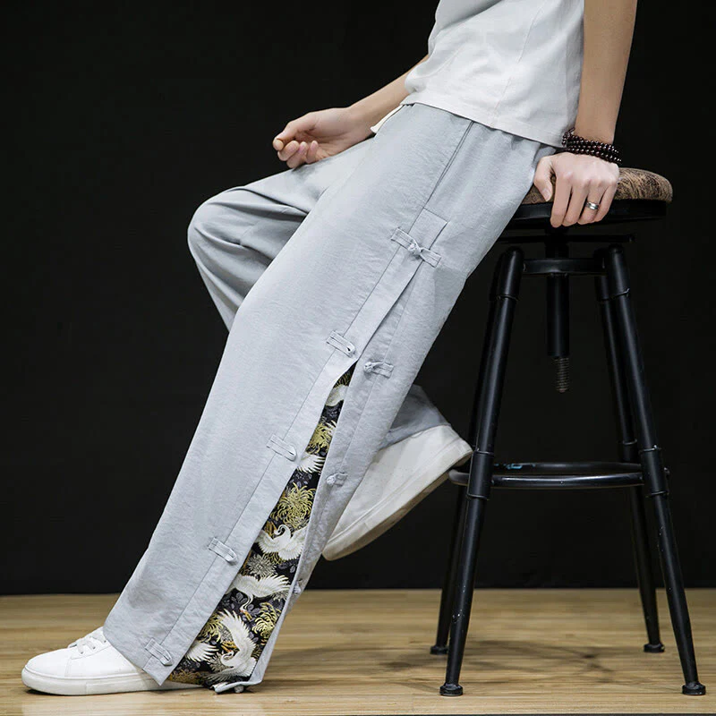 Buddha Stones Casual Patchwork Crane Pattern Frog-Button Design Men's Wide Leg Pants With Pockets