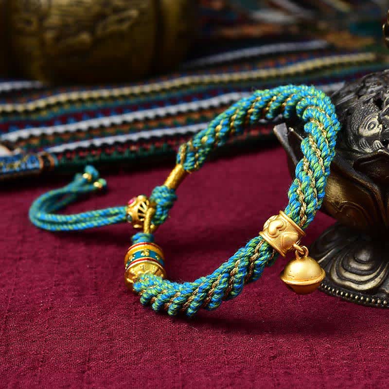 Buddha Stones Tibetan Handmade Luck Protection Thangka Prayer Wheel Bell Charm Braid String Bracelet