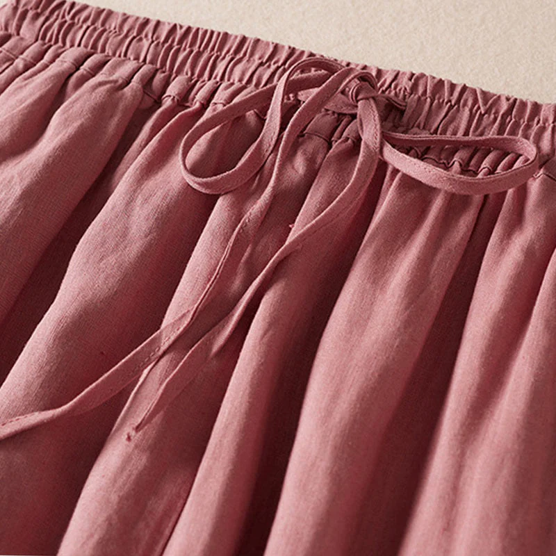 Buddha Stones Summer Small Flower Embroidery Cotton Linen Harem Pants With Pockets