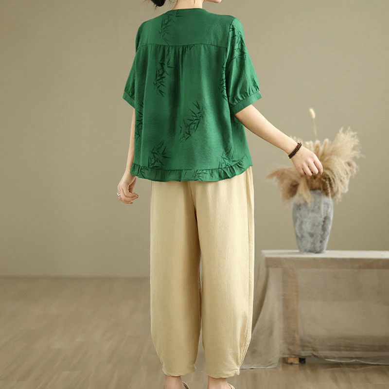 Buddha Stones 2pcs Casual Women's Short Sleeve Shirt Harem Pants Meditation Clothing Set