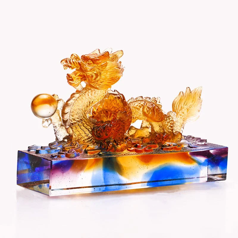 Buddha Stones Handmade Multicolored Dragon Liuli Crystal Art Piece Protection Home Office Decoration