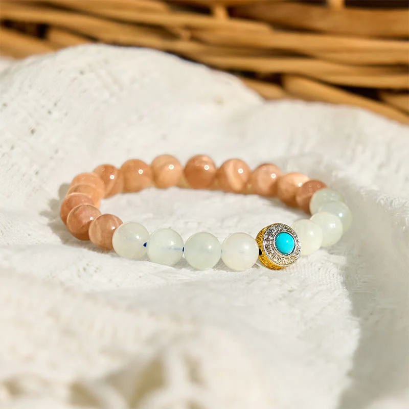 Buddha Stones Natural Peach Moonstone Aquamarine Soothing Bracelet