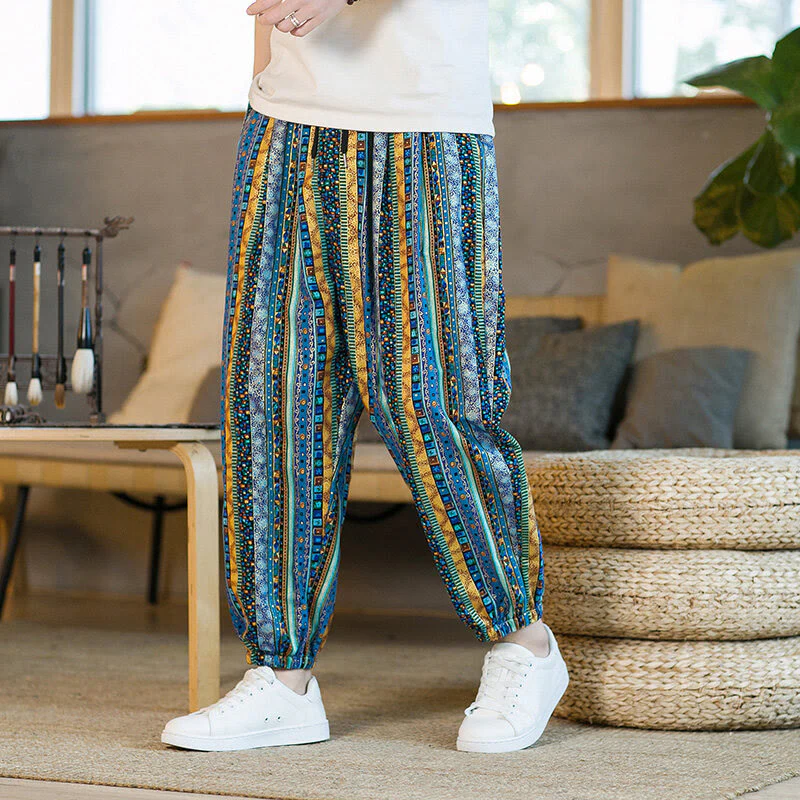 Buddha Stones Colorful Stripes Cotton Linen Men's Ankle-Length Harem Pants With Pockets