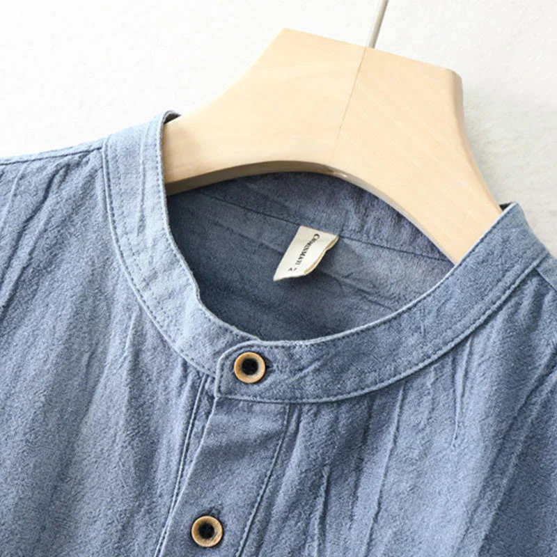 Buddha Stones Plain Pleats Half Buttons Design Stand Collar Men's Long Sleeve Cotton Linen Shirt