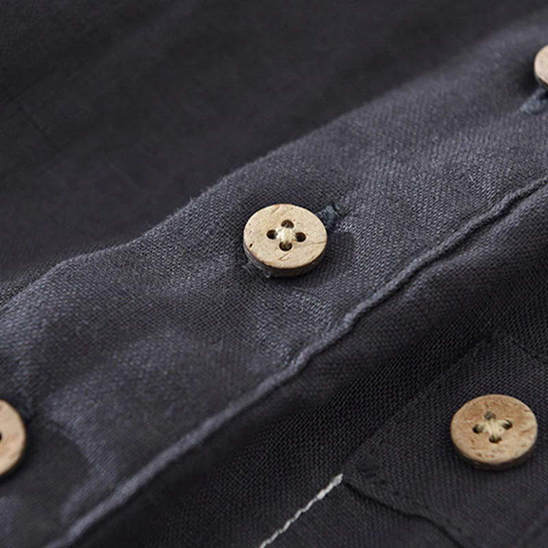 Buddha Stones Summer Half Buttons Design Lapel Men's Short Sleeve Linen Shirt With Pocket