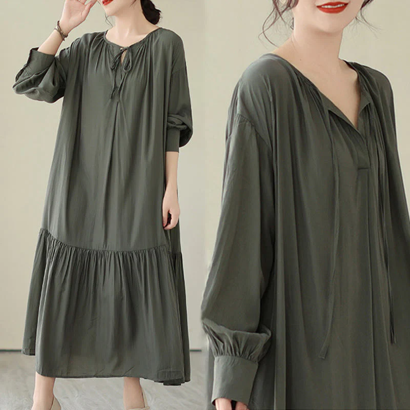 Buddha Stones Casual Plain Two-sided Style Dress Chiffon Midi Dress With Pockets