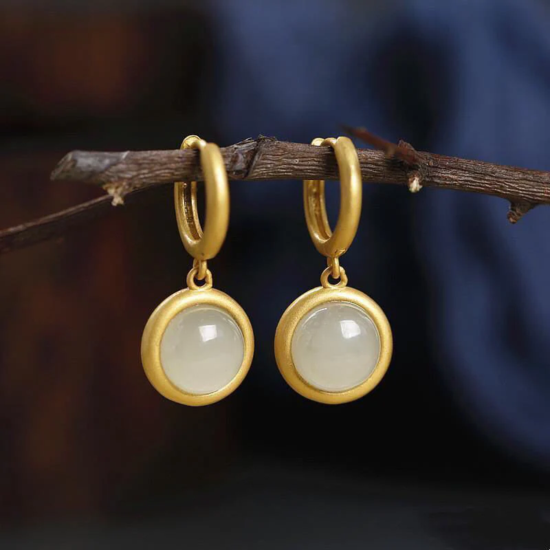 Buddha Stones 925 Sterling Silver White Jade Agate Prosperity Earrings